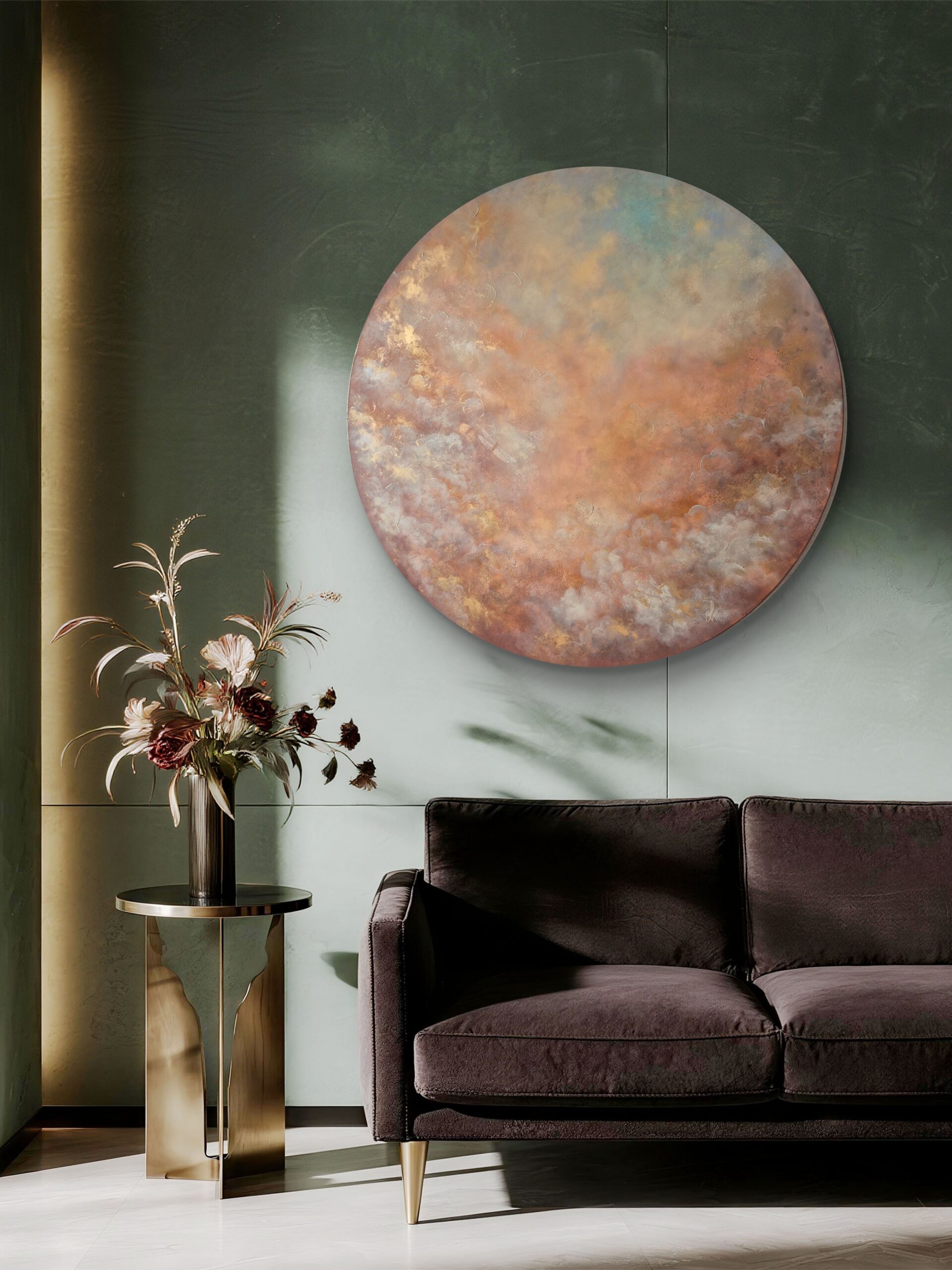 Originalt stort rundt maleri 120 cm titled Wings of Dreams af Linda Vestergaard